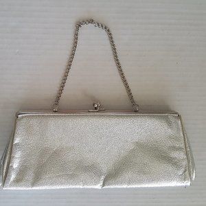 Vintage SILVER LAME Snap Disco Clutch Handbag Purse Hidden Link Chain Strap